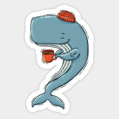 a sticker with a whale holding a cup