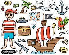 a boy standing in front of a pirate ship with various items around him on it