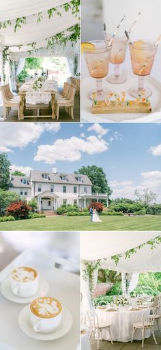 a collage of photos showing the inside of a tent and outside dining tables with food on them