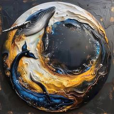 a circular painting with two dolphins on it