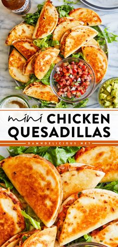 A New Year recipe for homemade chicken quesadillas! They're also a perfect Super Bowl party idea. Filled with salsa chicken, refried beans, and cheese, these mini quesadillas are a delicious, easy game day food! Mini Chicken Quesadillas, Mini Quesadillas, Beans And Cheese, Salsa Chicken, Super Bowl Party, Chicken Quesadillas