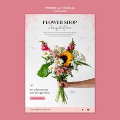 the flower shop website is displayed on a pink background with an image of sunflowers and other flowers