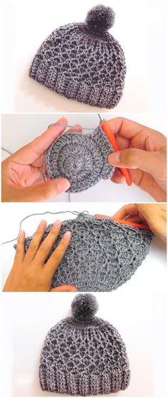 crocheted beanie with pom - pom being worked on by two hands