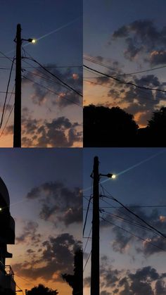 four different shots of the sun setting behind some power lines and telephone poles with clouds in the background