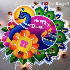 happy diwali greeting card with colorful peacock and flower design on grey background, surrounded by candles