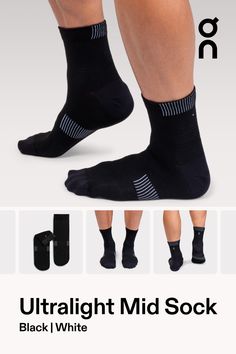 This is the ultralight performance sock with extra protection for runs and races | On Men's Ultralight Mid Sock in Black/White, Size: 44-45. Lightweight, high-performance, breathable Road Running, Competition, Trail Running. Performance Outdoor | Polyamide/Polyester Black Breathable Training Socks, Breathable Black Training Socks, Breathable Black Socks For Training, Black Anti-odor Running Socks, Black Anti-odor Socks For Gym, Black Anti-odor Gym Socks, Functional Go-dry Training Socks, Breathable Black Running Socks, Black Breathable Running Socks