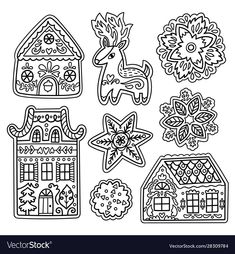 a set of christmas cut outs that include houses, trees and snowflakes in black and white