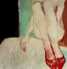 a painting of a woman's legs in red shoes on a white bed sheet