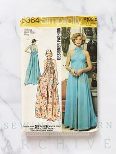 Simplicity 5364; c1972; Misses' Halter Dress ... Designer Fashion - (Sized for Stretch Knits Only): The halter dress with skirt gathered to bodice above normal waistline has back zipper and back straps. The bodice crosses in front and fastens at back neck with loops and buttons. Size 10 Bust 32.5 Waist 25 Hip 34.5 Envelope is in good vintage condition with some wear.  Pattern is cut, complete with instructions included and is shipped in a custom sized protective plastic sleeve (also available fo Halter Dress Pattern, 70s Mode, Dress With Skirt, Maxi Dress Pattern Sewing, 70s Sewing Patterns, Evening Dress Patterns, 1970s Sewing Patterns, American Hustle, Long Halter Dress