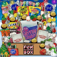 a box filled with lots of candy and candies