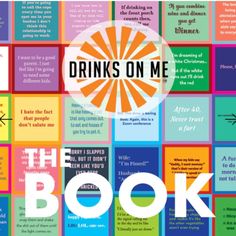 the book cover for drinks on me, which features colorful squares with words in different languages