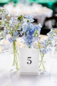 blue flowers are in vases on a table with the number five written on it