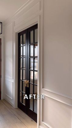 an empty room with black doors and white walls is shown before and after remodeling