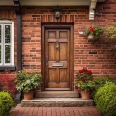 a wooden door in front of a brick house with potted plants on the steps