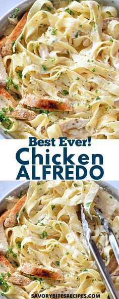 chicken alfredo in a skillet with the title above it