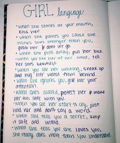 an open notebook with writing on it that says girl language