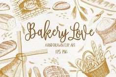 bakery love hand drawn clip art with bread, buns and other baked goods on white paper