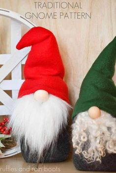 two gnomes sitting next to each other on a shelf with text overlay that says traditional gnome pattern