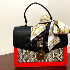 New! Aldo Cailla Top Handle Black & White Snake Skin Pattern/ Red Purse. Removable Scarf And Strap Embellished Purses, Crossbody Clutch Purse, Aldo Purses, Gold Tote Bag, Aldo Handbags, Aldo Bags, Leather Waist Bag, Snake Skin Pattern, Red Purse