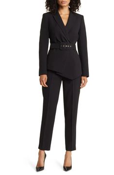 Tahari ASL Peak Lapel Belted Blazer & Pants Set | Nordstrom Blazer Pants Set, Lined Pants, Tailored Suit, Belted Blazer, Lapel Jacket, Peplum Jacket, Flat Front Pants, Blazer Set, Business Wear