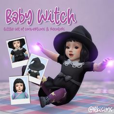 the baby witch doll is wearing a black dress and hat