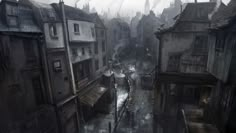 an old city with lots of buildings and people walking down the street in the rain