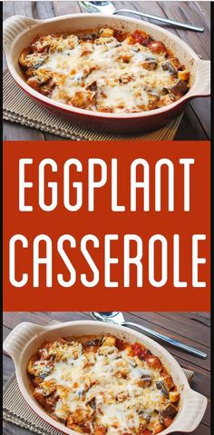 an eggplant casserole in a red dish with the title overlay