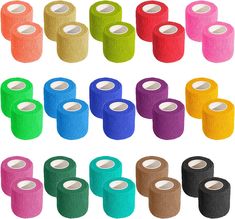 several rolls of colored cloth tape are shown in different colors and sizes, each with an individual's logo on the side