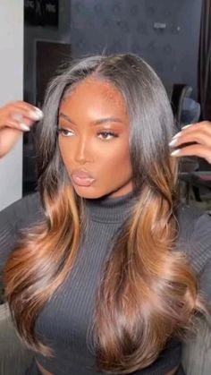 Black Women With Balayage Hair, High And Low Lights Hair Black Women, Custom Hair Color African American, Brown And Blonde Balayage Black Women, Brown Ombre Black Women, Traditional Sew In Highlights, Closure Sew In Color Dark Skin, Black And Brown Ombre Hair Black Women, Weave Hair Color Black Women