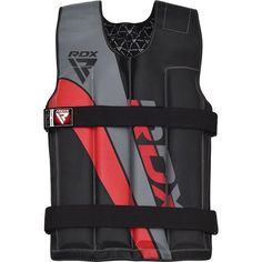 a life vest with red and grey designs on the front, attached to it's chest