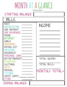 a balance sheet with the words'month at a glance'written in different colors