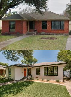 before and after photos of a home in houston, texas that is red brick with black shutters