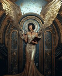 a woman in a gold dress holding a book and an angel wings above her head