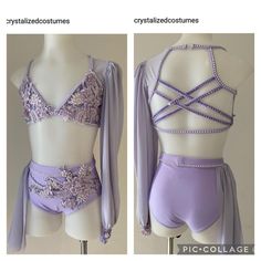 two pictures of different types of clothing on mannequins, one in purple and the other in lila