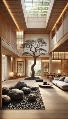 a living room filled with lots of furniture and a tree in the middle of it