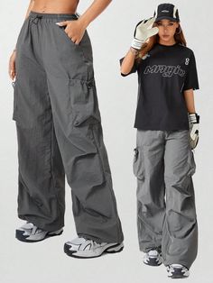 Women's Sport Cool And Stylish Parachute Design  Cargo Pants Grey Casual   Woven Fabric Plain Parachute Non-Stretch  Women Clothing, size features are:Bust: ,Length: ,Sleeve Length: Grey Cargo Pants Outfit, Baguio Fits, Parachute Design, Parachute Pants Outfit, Athletic Pants Womens, Easy Fits, Tight Tank Top, Grunge Fits, Hijabista Fashion