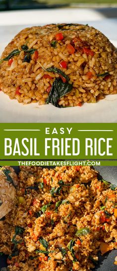 easy basil fried rice with spinach and carrots in a skillet on a white plate