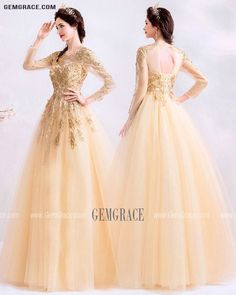 Gold Long Sleeve Evening Dress For Formal Occasions, Embellished Long Sleeve Ball Gown For Prom, Gold Long Sleeve Gown For Weddings, Long Sleeve Tulle Ball Gown For Prom, Long Sleeve Tulle Ball Gown With Sweep Train, Gold Lace Prom Gown, Gold Long Sleeve Gown For Prom Season, Long Sleeve Ball Gown For Debutante Ball, Long Sleeve Lace Evening Dress For Banquet