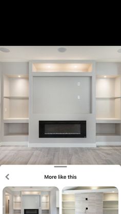 an empty living room with fireplace and built in shelves