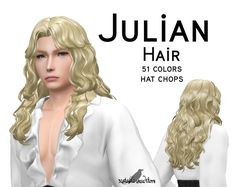 an image of a woman with blonde hair and white shirt on her chest, in front of the caption julia hair is 51 colors that chops