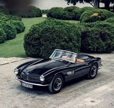 an old black sports car parked in front of some bushes