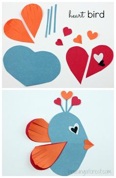 two pictures of birds made out of paper with hearts on the back and in the middle