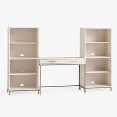 a white desk and bookcases against a white background with no one in it