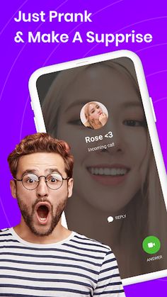 a man with glasses making a funny face next to an app that says just prank & make a surprise