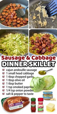 sausage and cabbage dinner skillet is shown in this poster with instructions for how to make it