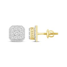 A classic look with a modern twist, these octagon stud earrings showcase a bright array of round diamonds surrounded by a radiant frame of round diamonds. Along the side, chain link detailing adds a stylish decorative flourish. Fashioned in polished 10K yellow gold and white rhodium, the pair has a total diamond weight of 1 carat. The earrings secure with screw backs. Diamond Chain, 1 Carat, Classic Looks, Chain Link, Round Diamonds, Screw, Diamonds, Twist, Yellow Gold