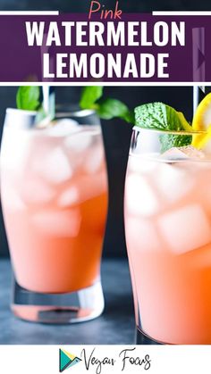 pink watermelon lemonade in glasses with mint garnish on the rim