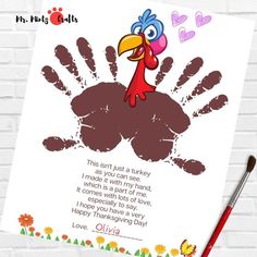 a turkey handprint with the words happy thanksgiving written on it