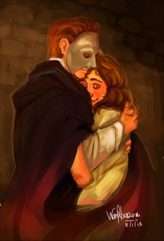 a painting of a man hugging a woman with a mask on his face and wearing a cape