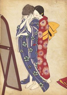 two geisha women in kimonos standing next to a mirror